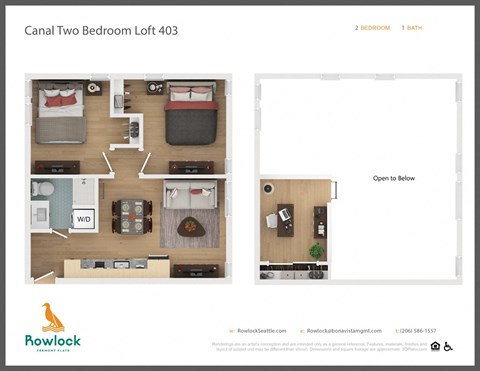 Floor plan for 2 beds, 1 bath, 739 sqft